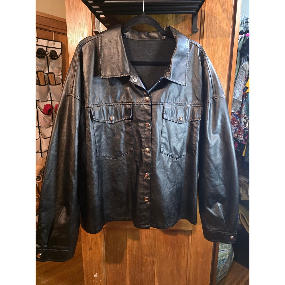 Shein Curve Black Faux Leather Jacket Snap Front Streetwear Plus Size 4XL